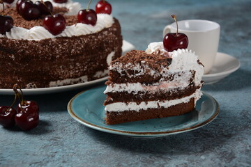 Black forest cake, Schwarzwald pie, dark chocolate and cherry dessert . Black forest cake decorated...