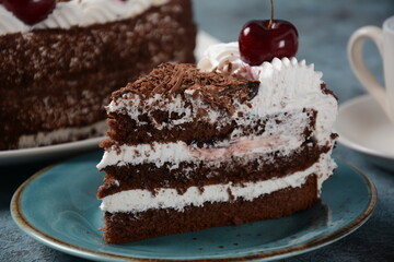 Black forest cake, Schwarzwald pie, dark chocolate and cherry dessert . Black forest cake decorated...
