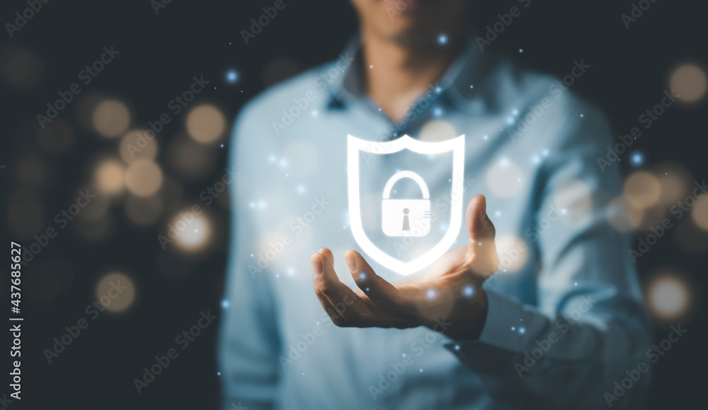 Poster protection network security computer and safe your data concept, businessman holding shield protect 