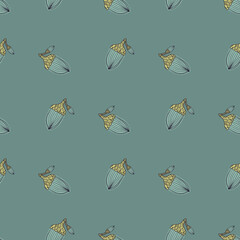 Decorative seamless pattern with doodle acorn elements shapes. Blue background. Organic style print.