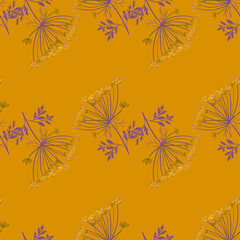 Purple yarrow silhouettes seamless pattern in doodle style. Orange bright background. Meadow flowers print.