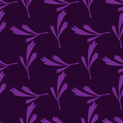 Fototapeta na wymiar Geometric purple leaves branches seamless pattern in doodle style. Dark purple background.