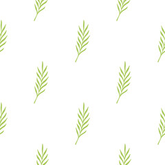 Isolated floral seamless pattern with simple style green leaves branches silhouettes on white background.