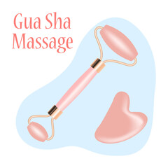 Facial massage. Flat vector set made of rose quartz, consisting of a roller face massager and gua sha. Tools for skin care and tone improvement, isolated on a white background.