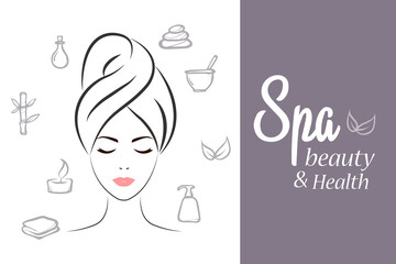 Spa elements and symbols . Outlined silhouette of a girl with a towel on her head. Vintage models with spa elements. Hand-drawn doodles. Stylish graphic texture for your design. Beautiful background