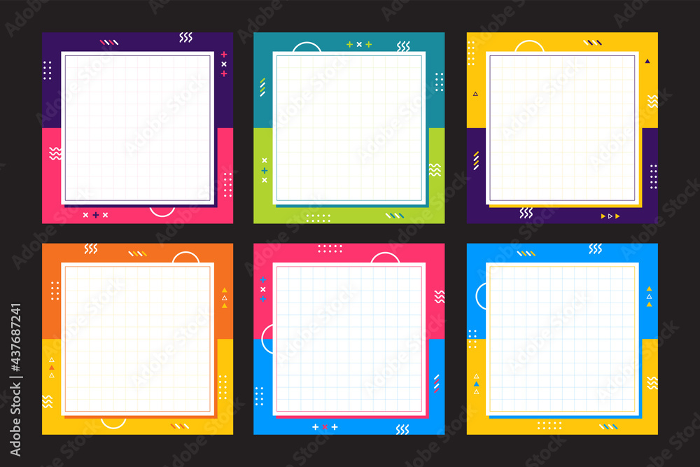 Poster collection of colorful frame memphis style square size. abstract creative background. template for s