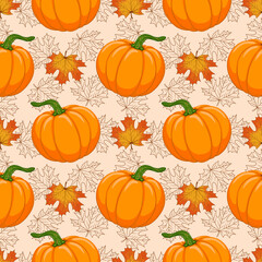 Cartoon orange Pumpkin and Autumn maple falling leaves vector seamless pattern. Hand drawn background for Fall season, Harvest, Thanksgiving Day prints, fabric, textile, greeting card, invitation