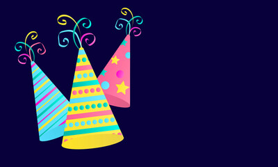 three party caps on a dark background with space to insert your text. holiday hats in pink, yellow and blue with various patterns for cards, banners and posters. vector illustration