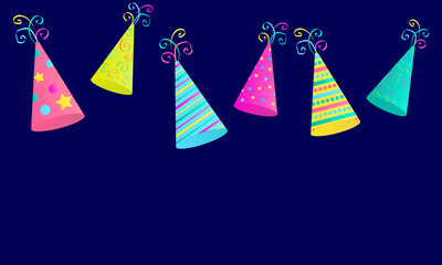 holiday hats in different colors and with different patterns on a dark blue background, with space to insert, vector illustration, horizontal, for cards, banners and posters