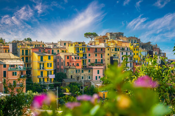 Fototapeta na wymiar Corniglia, Colorful cityscape on the mountains over Mediterranean sea in Cinque Terre Italy