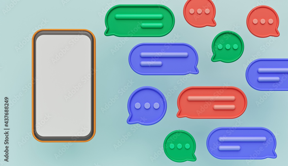 Poster smartphone and colorful chat message icons. minimal website background. 3d rendering