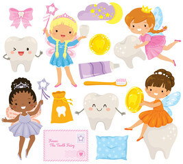 Tooth Fairy clipart bundle. Cute cartoon tooth fairies, smiling teeth, and dental care elements.