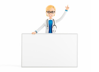 Smiling doctor cartoon character with big banner and place for text medical 3d illustration.