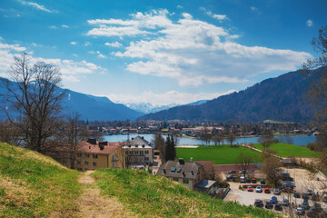 Tegernsee, Germany. Lake Tegernsee in Rottach-Egern (Bavaria). Aerial view of the lake "Tegernsee" in the Alps of Bavaria. Bad Wiessee. Tegernsee lake in Bavaria.