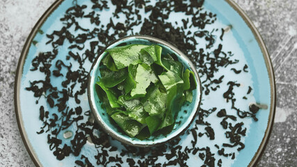 Soaked and dried wakame seaweed. Japanese food. Healthy seafood