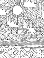 Abstract intricate line art of sunrise on the beach for background, coloring book, coloring page with the size 8.5x11. Vector illustration.