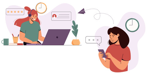 The girl turns to the support service. Customer service concept.Contact us.Online helpline, hotline operator, call center.Cartoon vector illustration on abstract background