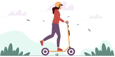 Young woman wearing a protective helmet rides an electric scooter in a park. Eco friendly vehicle concept. Colorful vector illustration. Flat modern design