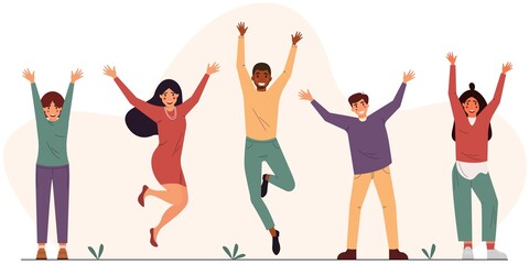 Group of young happy people with their hands up. Color flat vector illustration on  abstract background