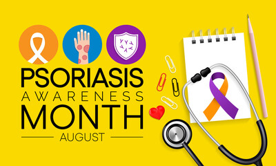 Psoriasis awareness month is observed every year in August, it is a skin condition that causes red, flaky, crusty patches of skin covered with silvery scales. Vector illustration