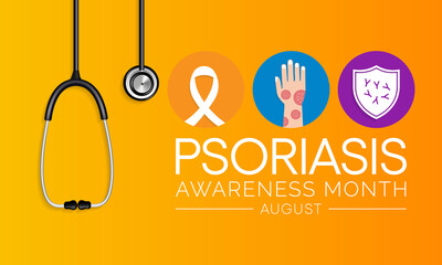 Psoriasis awareness month is observed every year in August, it is a skin condition that causes red, flaky, crusty patches of skin covered with silvery scales. Vector illustration - obrazy, fototapety, plakaty