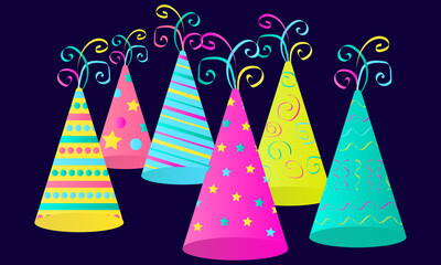 festive caps of different colors with patterns on a dark background for composing banners, posters, cards for birthdays and Christmas. vector illustration collection of Party hats