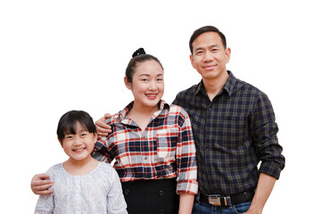 Happy Asian family woman and a man with daughter smiling and fun in the white background.