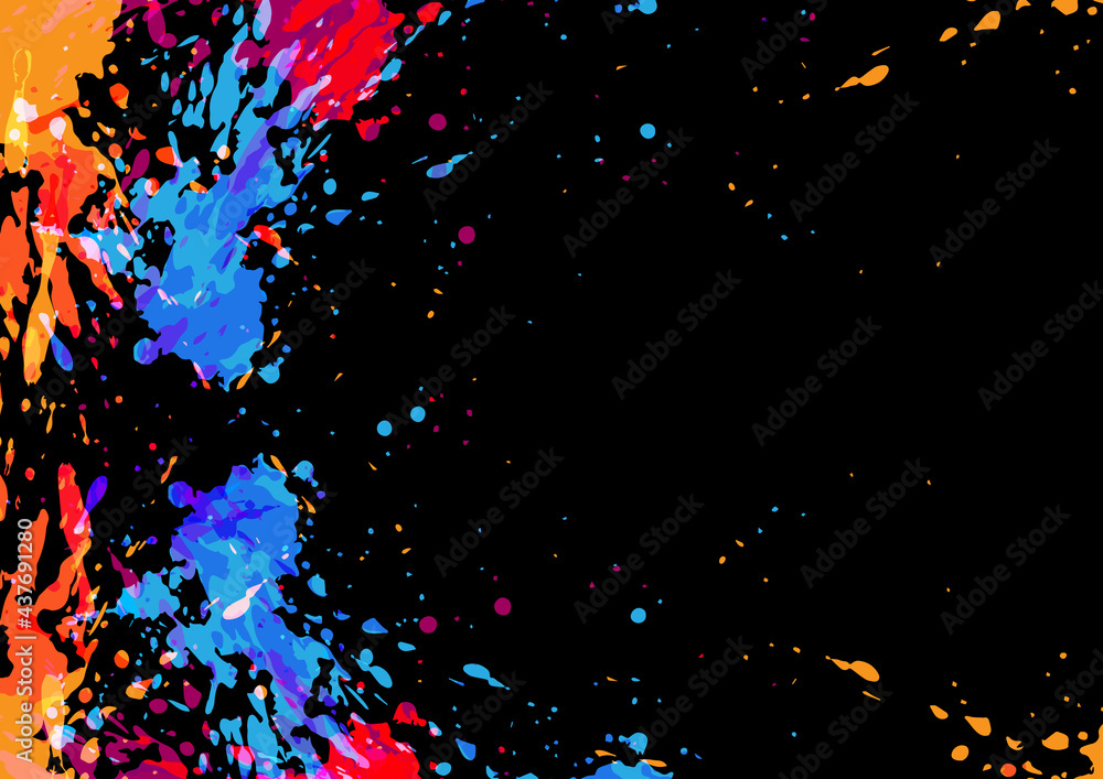 Poster abstract vector splatter multicolor paint on black color background design. illustration vector desi