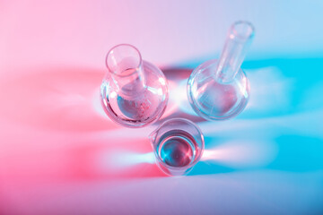 Test tubes flasks and petri dishes, laboratory glassware. Medicine and biological or chemical research,