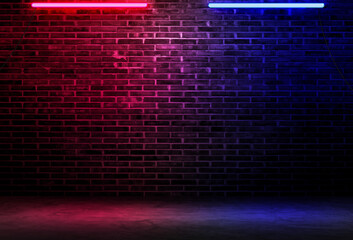 Black brick wall background rough concrete with neon lights and glowing lights. Lighting effect...