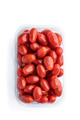 Fresh ripe cherry plum tomatoes in plastic container isolated on white