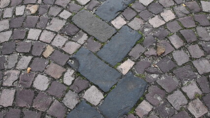 Ancient stone paving road in old town. Cobblestone pavement with rectangular and semicircular stone patterns. Roman road texture with dry fall leaves