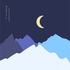Abstract night mountain landscape poster. Geometric landscape background in asian japanese style. Vector illustration.