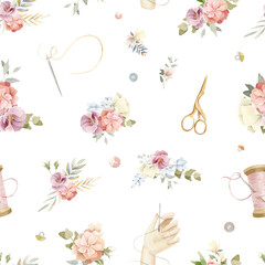Watercolor Sewing seamless (repeat) pattern with hand with needle, flowers, scissors, needles.