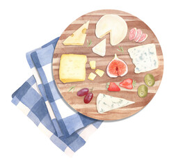 Watercolor hand painted illustration - food, snacks, cheese, sausages, fruits, vegetables on a wooden board, tray.