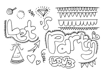 Hand drawn, doodle party set isolated on white background.Sketch icons for invitation, flyer, poster.