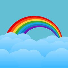 Sky with clouds and rainbow. Vector colorful illustration.