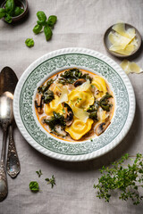 Ravioli Soup in a bowl with kale