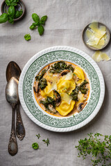 Ravioli Soup in a bowl with kale