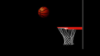 Basketball hoop in a professional basketball arena with black background.