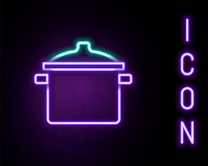 Glowing neon line Cooking pot icon isolated on black background. Boil or stew food symbol. Colorful outline concept. Vector