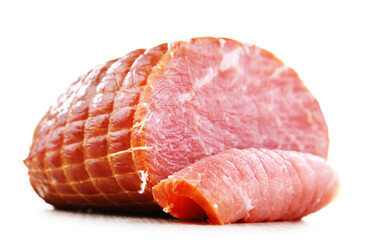 Piece of smoked ham isolated on white. Meatworks product