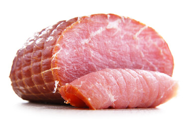 Piece of smoked ham isolated on white. Meatworks product