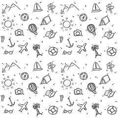 pattern illustration on white isolated background with icons on the theme of vacation and travel © eliyashevskiy