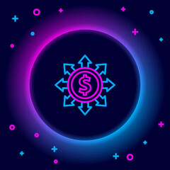 Glowing neon line Dollar, share, network icon isolated on black background. Colorful outline concept. Vector