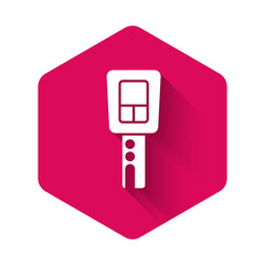 White Car key with remote icon isolated with long shadow background. Car key and alarm system. Pink hexagon button. Vector