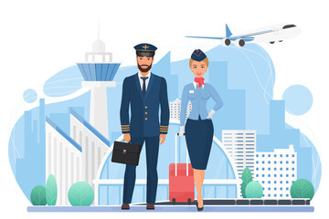 Aircraft crew people in modern airport vector illustration. Cartoon stewardess and pilot characters standing together, international airlines service persons holding travel bags isolated on white