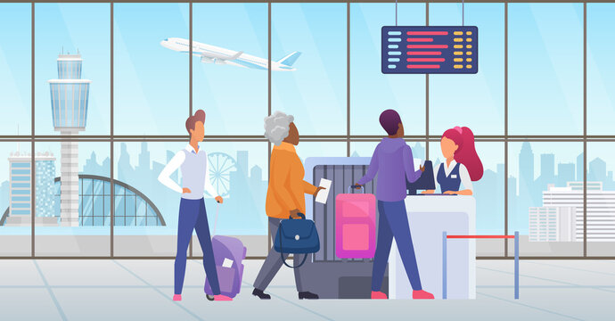 People passenger at international airport check in vector illustration. Cartoon tourist characters standing in line before travel, airline desk counter for checking ticket documents background
