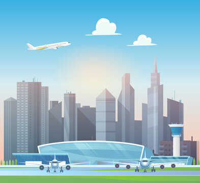 Modern airport terminal, airplane taking off into sky above office skyscrapers vector illustration. Cartoon aeroplanes stand on airfield runway, control tower buildings, airport structure background