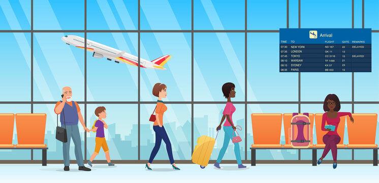 People passengers in international departure airport terminal interior vector illustration. Cartoon family tourist characters walking, talking by phone, waiting and sitting in chairs background